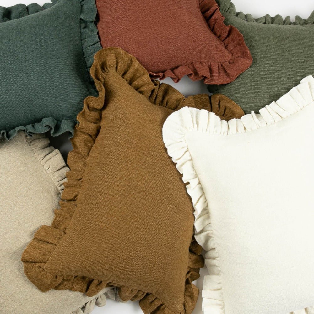 Anita Ruffled Linen Pillow Cover in Mustard