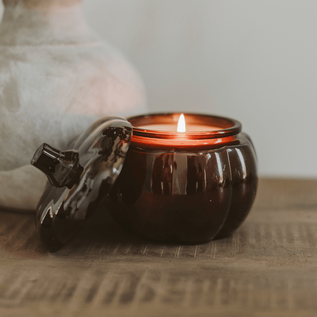 Hello Fall Soy Candle — Amber Glass Pumpkin Jar
