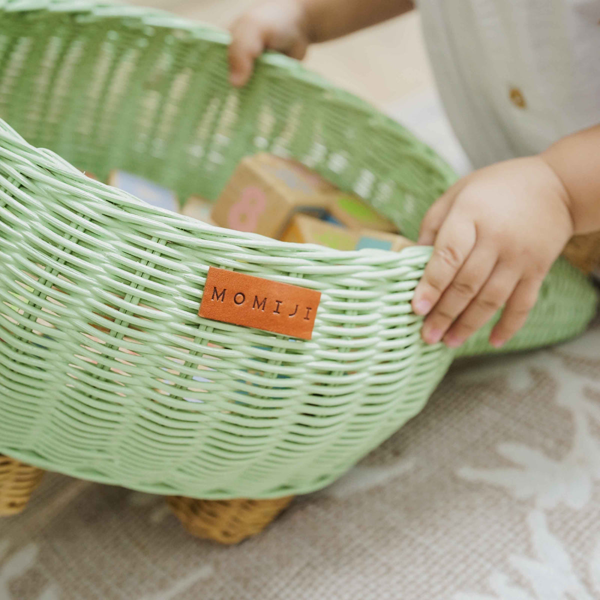 Dinosaur Rattan Storage Basket — Mint Green, Medium