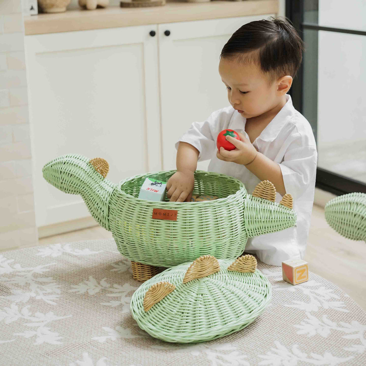 Dinosaur Rattan Storage Basket — Mint Green, Medium