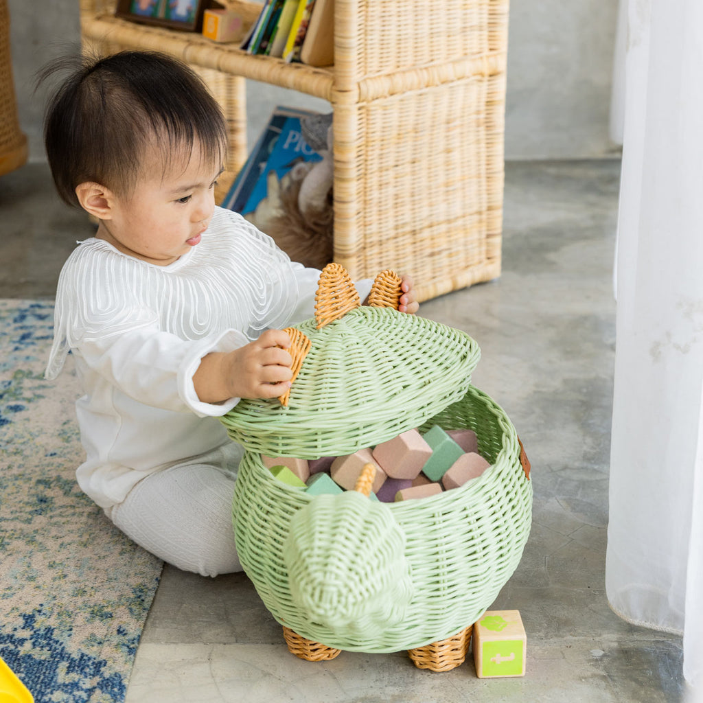 Dinosaur Rattan Storage Basket — Mint Green, Medium