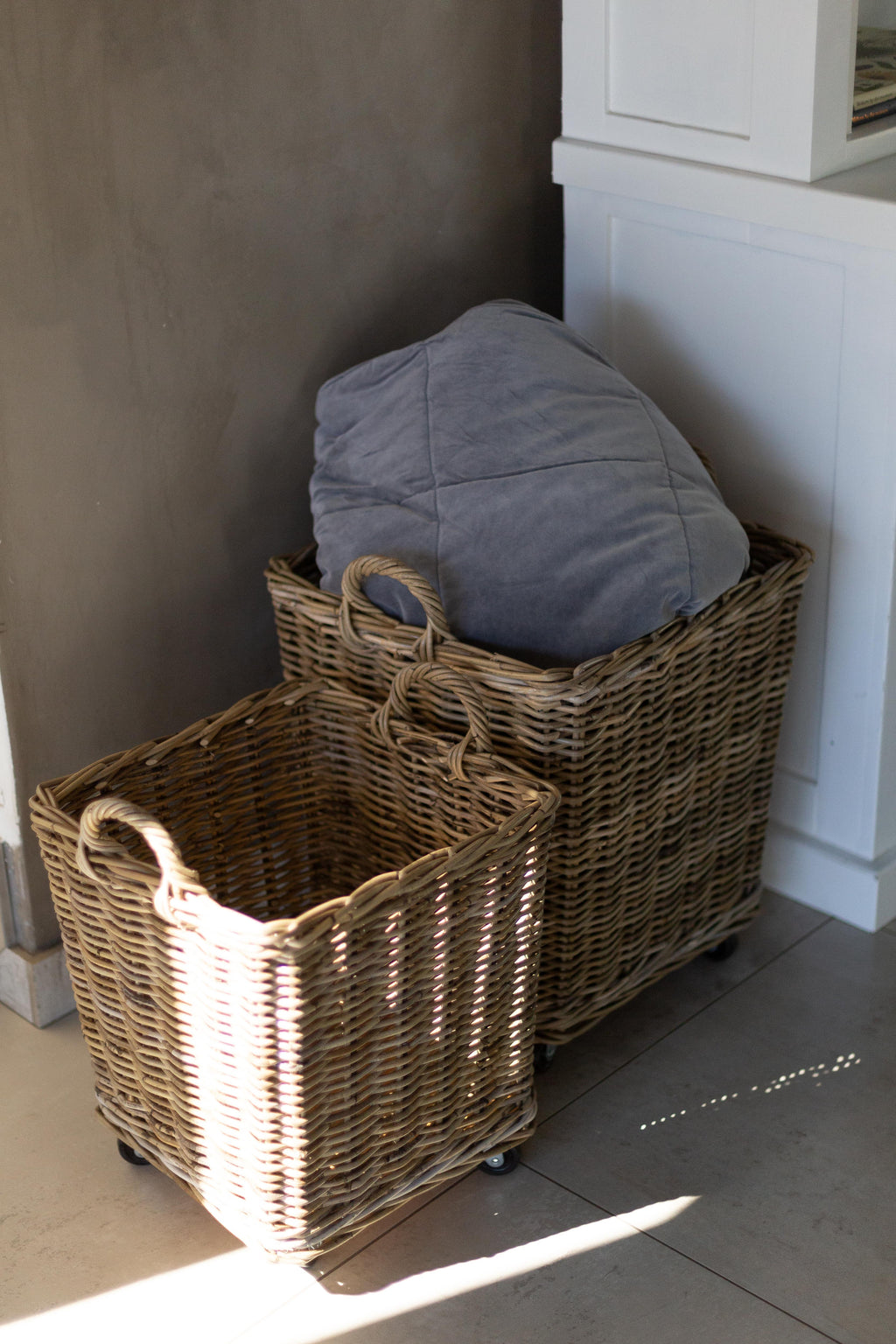 Rattan Square Storage Basket on Wheels — Kubu Grey