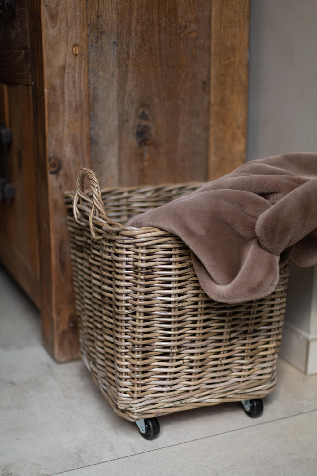 Rattan Square Storage Basket on Wheels — Kubu Grey