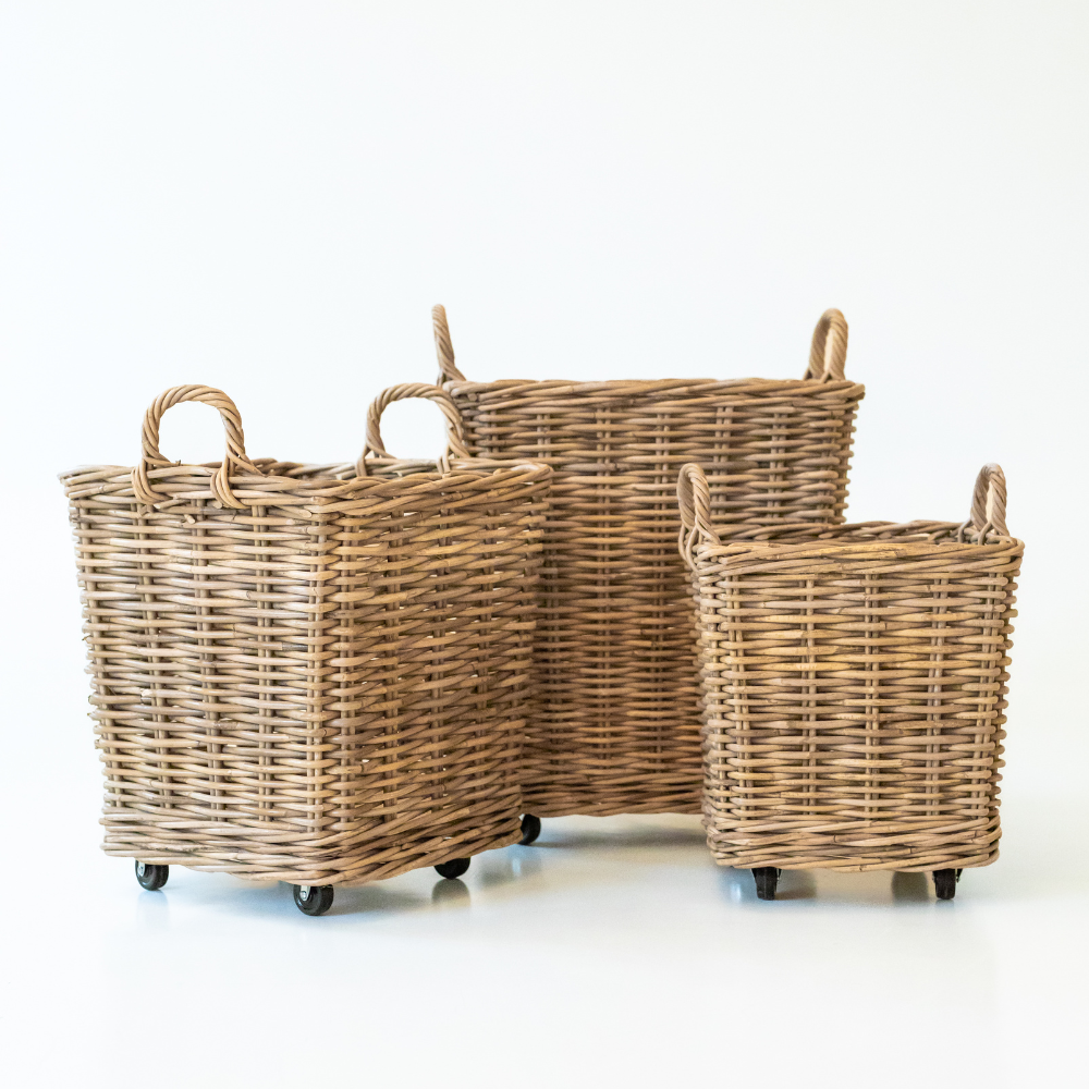 Rattan Square Storage Basket on Wheels — Kubu Grey