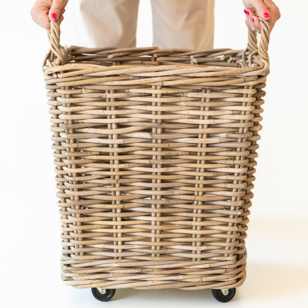 Rattan Square Storage Basket on Wheels — Kubu Grey