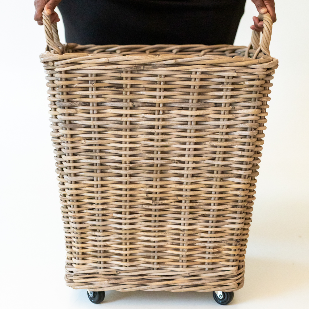 Rattan Square Storage Basket on Wheels — Kubu Grey