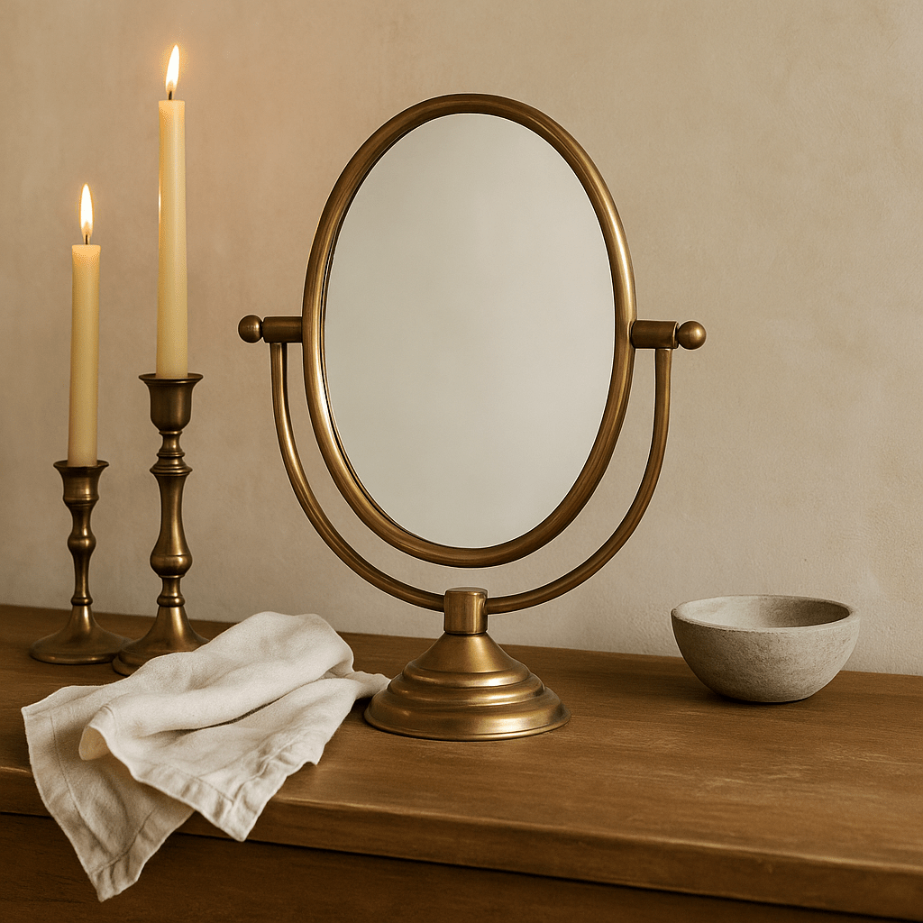 Austine Framed Mirror on Stand — Antique Brass Finish