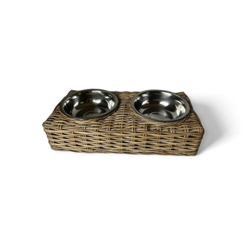 Rattan Double Pet Bowl with Stainless Steel Inserts