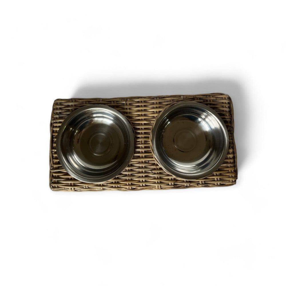 Rattan Double Pet Bowl with Stainless Steel Inserts