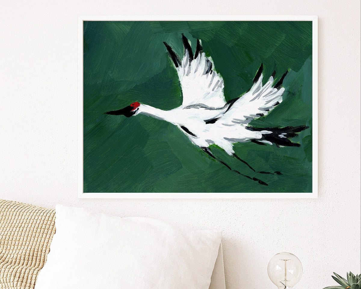 Single Crane in Flight (Deep Green), Fine Art Print
